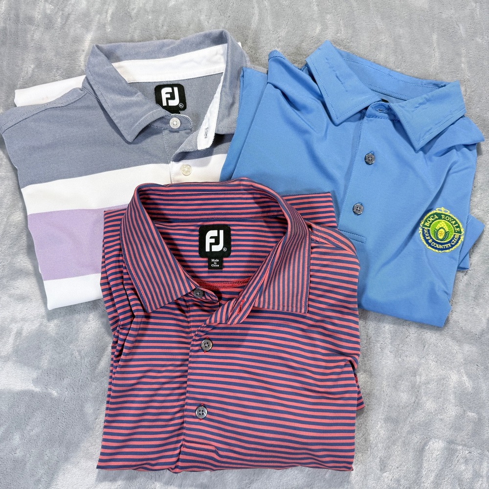 3 Pack Mens FJ FootJoy Golf Polo Shirts XL Blue Stripe White Lavender lot‎